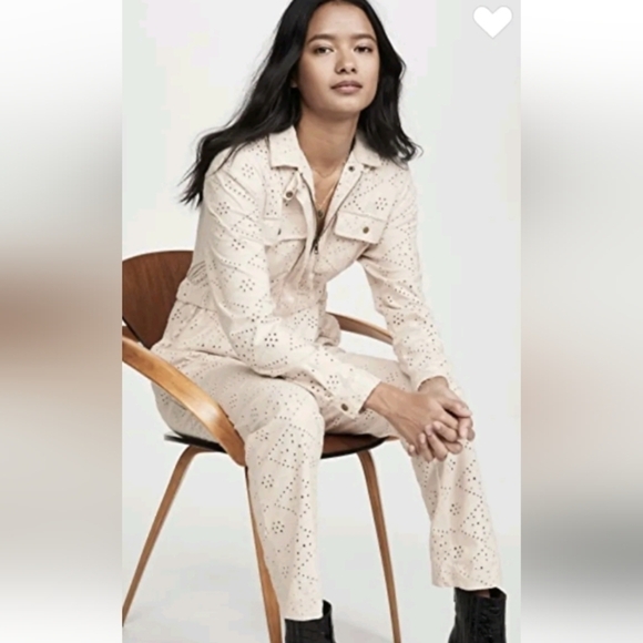 Free People Jumpsuit Set The Tone Utility Ivory Eyelet Lace  Elastic sz 10 - Picture 1 of 14